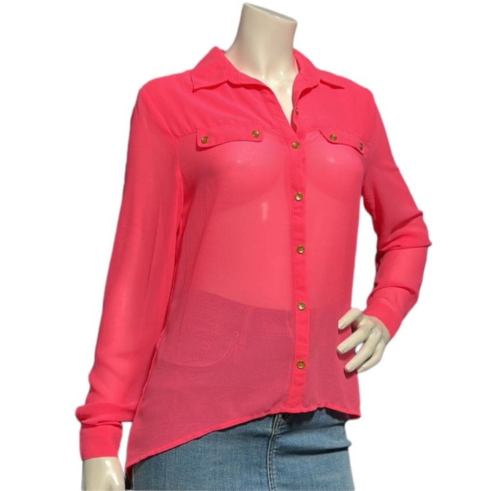 Forever 21 Neon Coral Barbie Pink Long Sleeve Button Down Sheer Blouse S NWOT